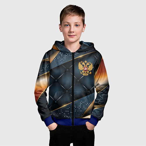 Детская толстовка на молнии Золотой герб России на объемном фоне / 3D-Синий – фото 3