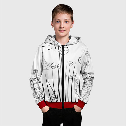 Детская толстовка на молнии Цветочный черно-белый орнамент / 3D-Красный – фото 3