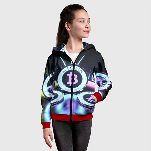 Детская толстовка на молнии Неоновый светящийся биткоин / 3D-Красный – фото 4