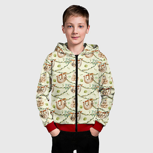 Детская толстовка на молнии Ленивцы висят на лианах / 3D-Красный – фото 3