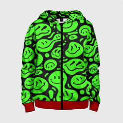 Толстовка на молнии детская Психоделические смайлы - салатовый неон, цвет: 3D-красный