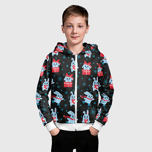 Детская толстовка на молнии Новогодние голубые кролики / 3D-Белый – фото 3