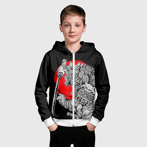 Детская толстовка на молнии Самурай с мечом на черном фоне / 3D-Белый – фото 3