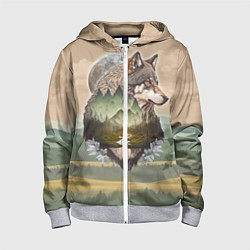 Толстовка на молнии детская Портрет волка в технике двойной экспозиции, цвет: 3D-меланж