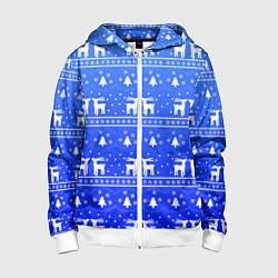 Толстовка на молнии детская Синий орнамент с оленями, цвет: 3D-белый
