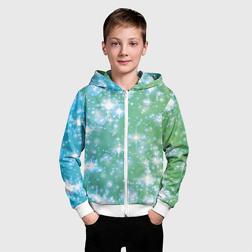 Детская толстовка на молнии Сияющие серебряные блестки на зелено-голубом фоне / 3D-Белый – фото 3