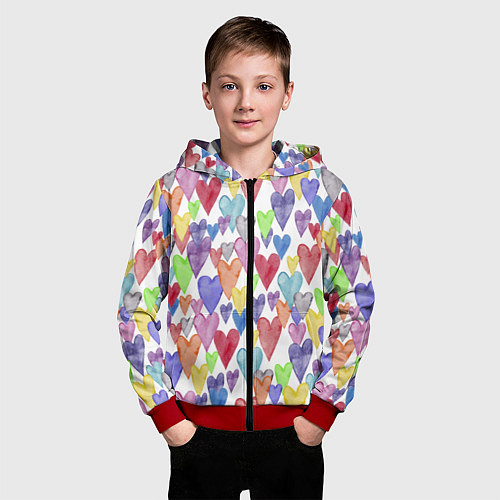 Детская толстовка на молнии Разноцветные сердечки Калейдоскоп / 3D-Красный – фото 3