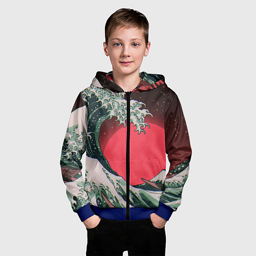 Детская толстовка на молнии Японская волна в красном цвете / 3D-Синий – фото 3