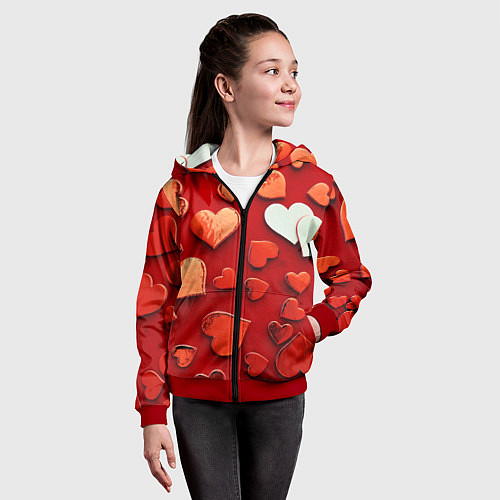 Детская толстовка на молнии Красные сердца на красном фоне / 3D-Красный – фото 4