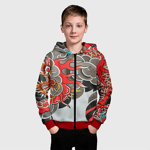 Детская толстовка на молнии Иредзуми: дракон в дыму / 3D-Красный – фото 3