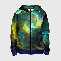 Толстовка на молнии детская Небула в космосе в зеленых тонах - нейронная сеть, цвет: 3D-синий
