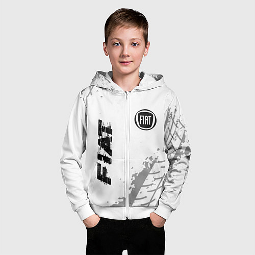 Детская толстовка на молнии Fiat speed на светлом фоне со следами шин: надпись / 3D-Белый – фото 3