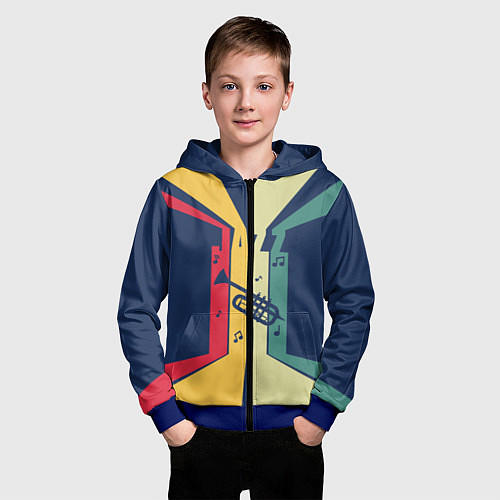 Детская толстовка на молнии Труба в разноцветных полосах Jazz music / 3D-Синий – фото 3