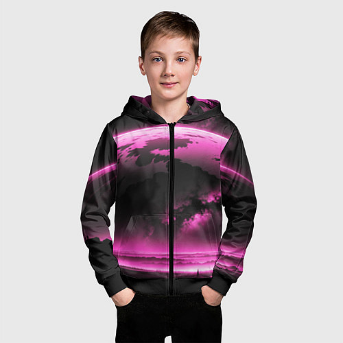 Детская толстовка на молнии Сай фай пейзаж в черно розовых тонах / 3D-Черный – фото 3