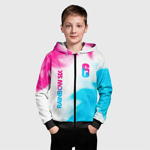 Детская толстовка на молнии Rainbow Six neon gradient style: надпись, символ / 3D-Черный – фото 3