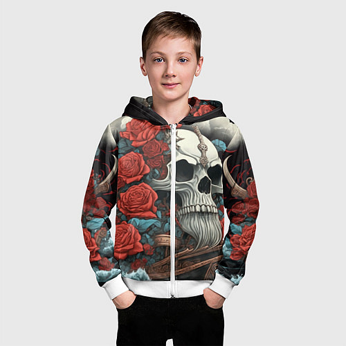 Детская толстовка на молнии Череп викинга на корабле с розами в стиле тату ире / 3D-Белый – фото 3