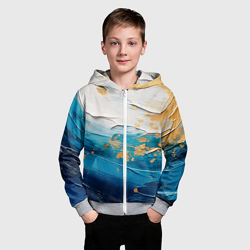 Детская толстовка на молнии Белый, синий, золотой импасто абстракция / 3D-Меланж – фото 3