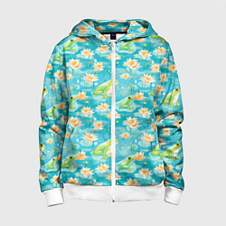 Толстовка на молнии детская Кувшинки и лягушки, цвет: 3D-белый
