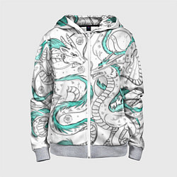 Толстовка на молнии детская Дракон Хаку в стиле тату: белый и бирюзовый паттер, цвет: 3D-меланж