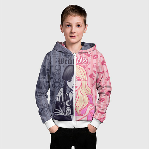 Детская толстовка на молнии Барби и Уэнсдей - мои две личности: в стиле тату / 3D-Белый – фото 3
