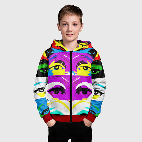 Детская толстовка на молнии Eyes - pop art - neural network / 3D-Красный – фото 3