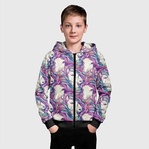 Детская толстовка на молнии Морды лошади фиолетовый паттерн / 3D-Черный – фото 3