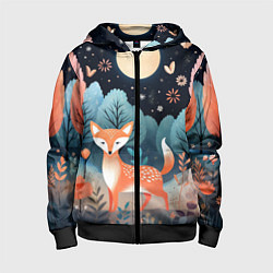 Толстовка на молнии детская Лисичка в осеннем лесу фолк-арт, цвет: 3D-черный