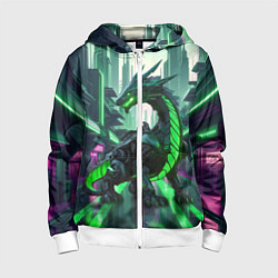 Толстовка на молнии детская Неоновый зеленый дракон, цвет: 3D-белый