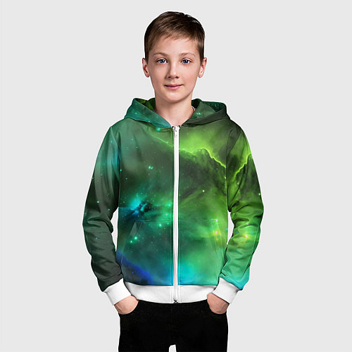 Детская толстовка на молнии Бескрайний космос зелёный / 3D-Белый – фото 3