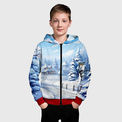 Детская толстовка на молнии Снежный зимний фон / 3D-Красный – фото 3