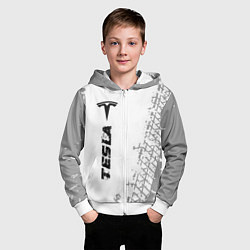Толстовка на молнии детская Tesla speed на светлом фоне со следами шин по-верт, цвет: 3D-белый — фото 2