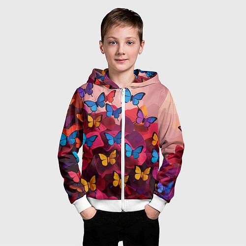 Детская толстовка на молнии Разноцветные бабочки - розовые цветы / 3D-Белый – фото 3
