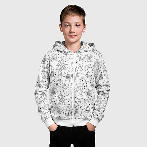 Детская толстовка на молнии Черно-белый новогодний патерн / 3D-Белый – фото 3