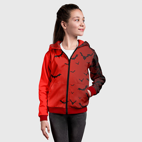 Детская толстовка на молнии Летучие мыши на красном фоне / 3D-Красный – фото 4