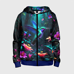 Толстовка на молнии детская Колибри в темном лесу, цвет: 3D-синий