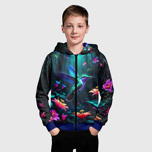 Детская толстовка на молнии Колибри в темном лесу / 3D-Синий – фото 3
