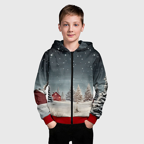 Детская толстовка на молнии Зимний пейзаж с елями и снегом / 3D-Красный – фото 3