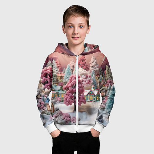 Детская толстовка на молнии Зимний закат новый год / 3D-Белый – фото 3