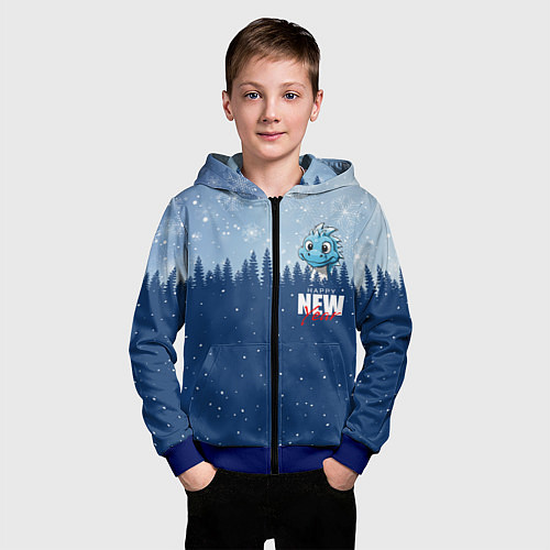 Детская толстовка на молнии Дракон в зимнем лесу / 3D-Синий – фото 3