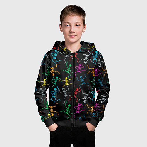 Детская толстовка на молнии Разноцветные танцующие скелетики / 3D-Черный – фото 3