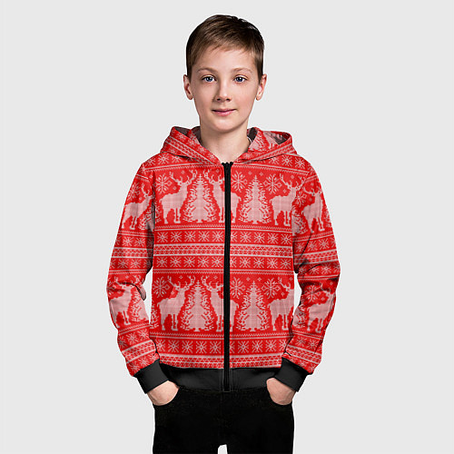 Детская толстовка на молнии Новогодний узор с оленями и елками / 3D-Черный – фото 3