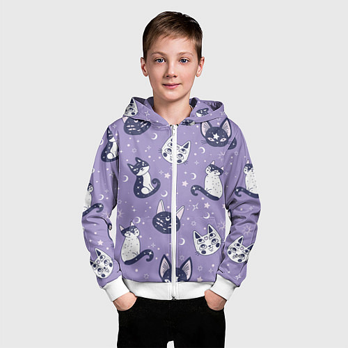 Детская толстовка на молнии Мистические кошечки - паттерн фиолетовый / 3D-Белый – фото 3