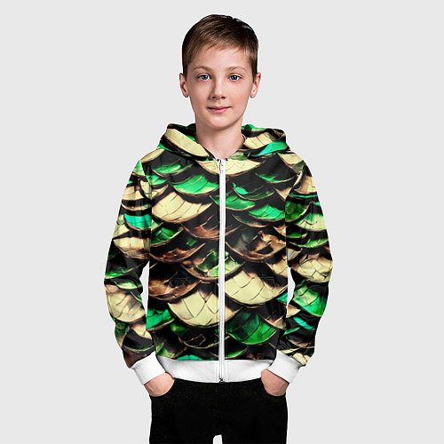 Детская толстовка на молнии Чешуя зеленого дракона / 3D-Белый – фото 3