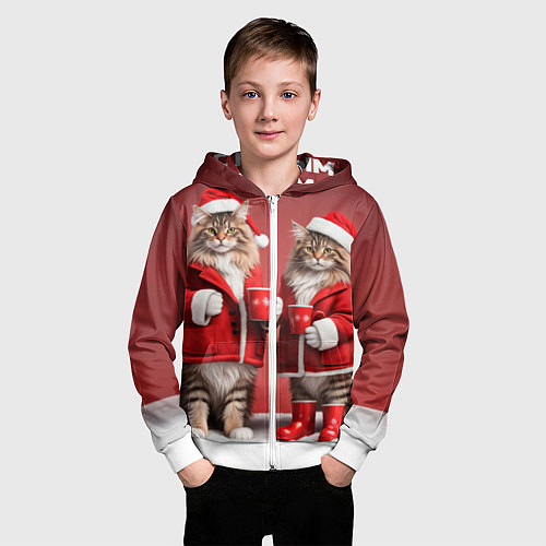 Детская толстовка на молнии С новым котом - два кота в костюмах Санты / 3D-Белый – фото 3