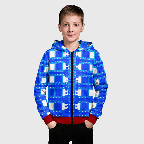 Детская толстовка на молнии Синие и белые квадраты / 3D-Красный – фото 3