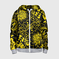 Толстовка на молнии детская Хохломская роспись золотые цветы на чёроном фоне, цвет: 3D-меланж
