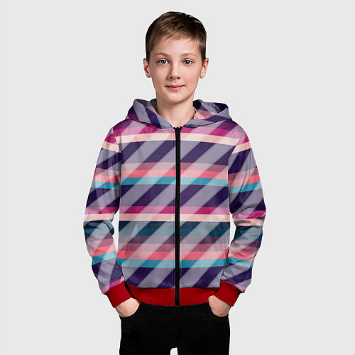 Детская толстовка на молнии Косая клетка: разные оттенки фиолетового / 3D-Красный – фото 3