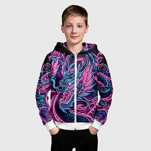 Детская толстовка на молнии Neon Japanese dragon - irezumi / 3D-Белый – фото 3