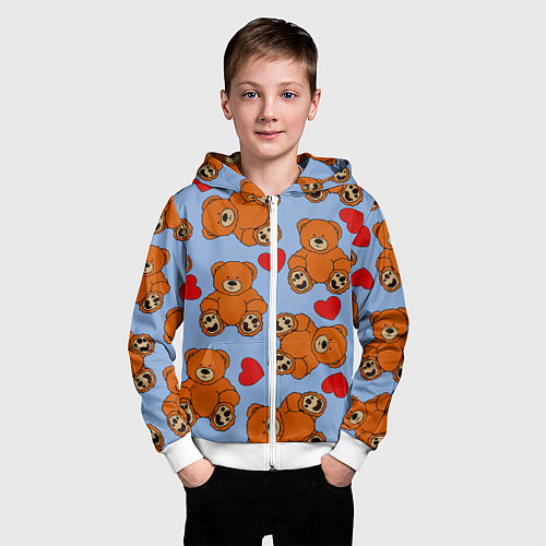 Детская толстовка на молнии Мишки и сердца на голубом фоне / 3D-Белый – фото 3