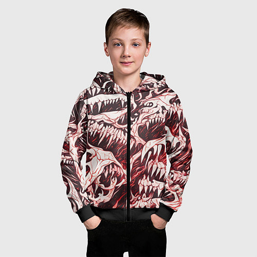 Детская толстовка на молнии Белые клыки на красном фоне / 3D-Черный – фото 3